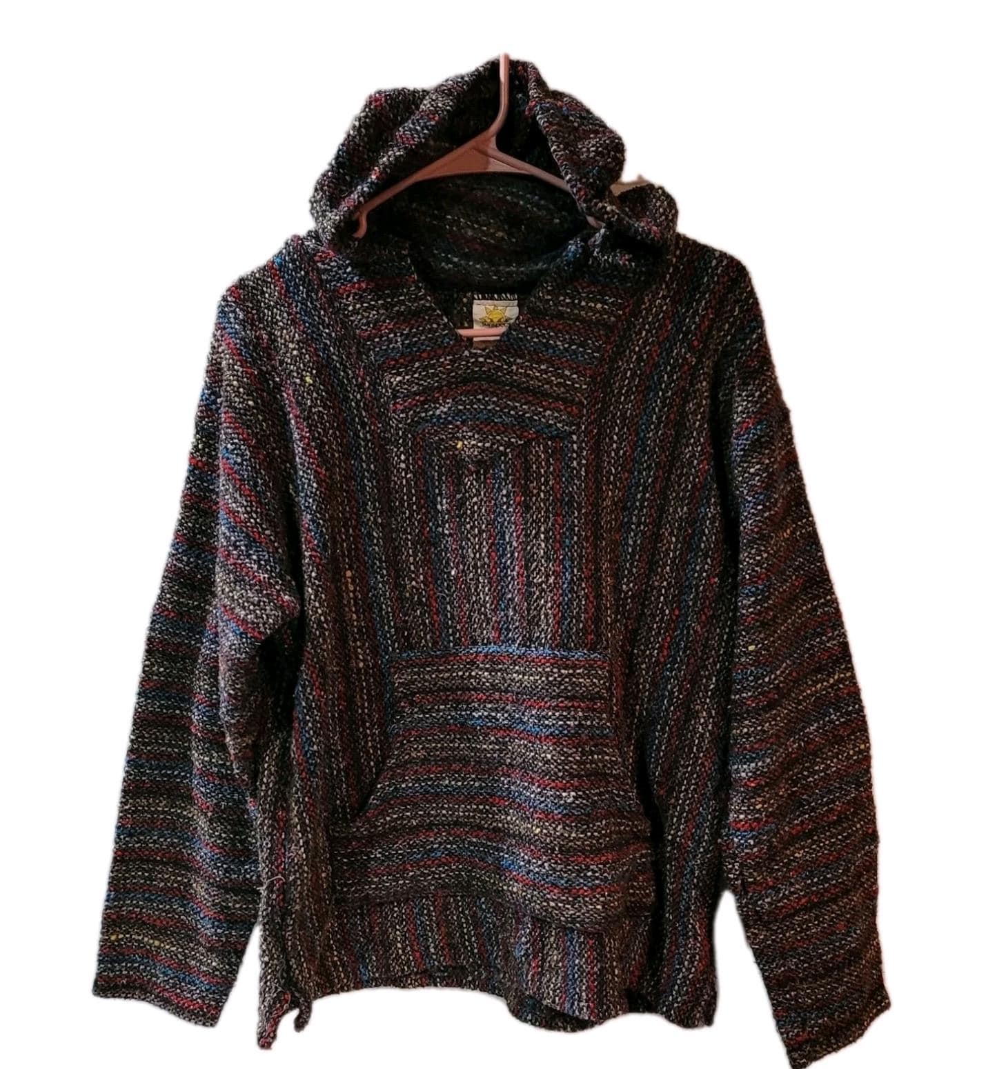 VTG 90s Baja Boho Hoodie Large Striped Made in Mexico Acrylic/poly 