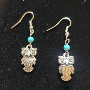 Silver-plated OWL Dangle Drop Earrings Turquoise Bead Women&#39;s Jewelry Cute Girl Earrings Gift for Her