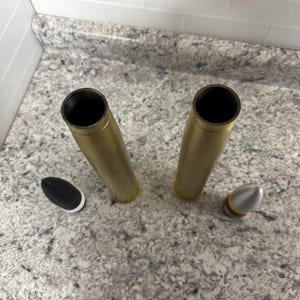 May include: Two gold-coloured metal casings with black and silver bullet tips.