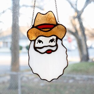 Cowboy Santa Stained Glass Suncatcher: Retro Western Christmas Ornament