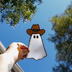 Stained Glass Halloween Ghost Cowboy. Suncatcher Fall Decor Window Wall Hanging