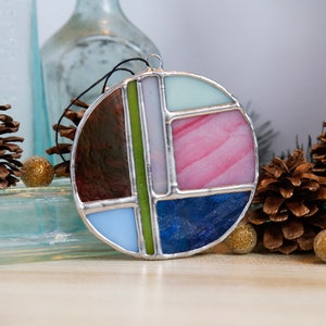 Modern Stained Glass Suncatcher: Geometric Ornament, Retro Christmas Decor