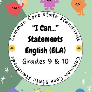 Könnte beinhalten: Eine bunte Grafik mit Comicfiguren und Text, der "Common Core State Standards" "I Can..." "Statements" "English (ELA)" "Grades 9 & 10" "Common Core State Standards" lautet.