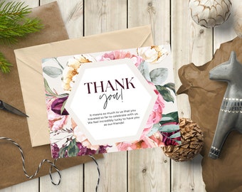 Aesthetic Watercolor Floral Thank you Card, Floral Thank You Card, Instant Download, PDF
