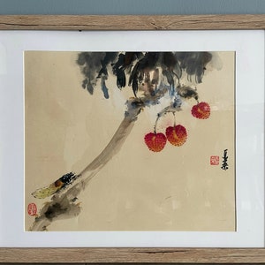 Chinese Painting --Lychee and Cicada,  Chinese  ink painting.  The art of Lingnan School of Painting.  Hand drawn original.