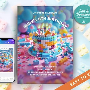 May include: A birthday party invitation featuring a colorful cake made of toy blocks. The invitation reads "Ruby's 8th Birthday" with event details. A smartphone displays the invitation. The background includes toy blocks and balloons.