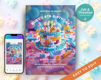 May include: A birthday party invitation featuring a colorful cake made of toy blocks. The invitation reads "Ruby's 8th Birthday" with event details. A smartphone displays the invitation. The background includes toy blocks and balloons.