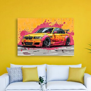May include: A yellow and pink cartoon illustration of a BMW M3 sports car with black wheels and a black spoiler. The car is on a gray background with pink and yellow paint splatters.