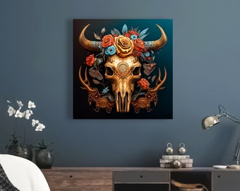 Steampunk Steer Skull with Roses #3 - Canvas Art - Ready to Hang