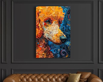 May include: Abstract painting of a poodle's face with swirling orange, yellow, and blue colors.