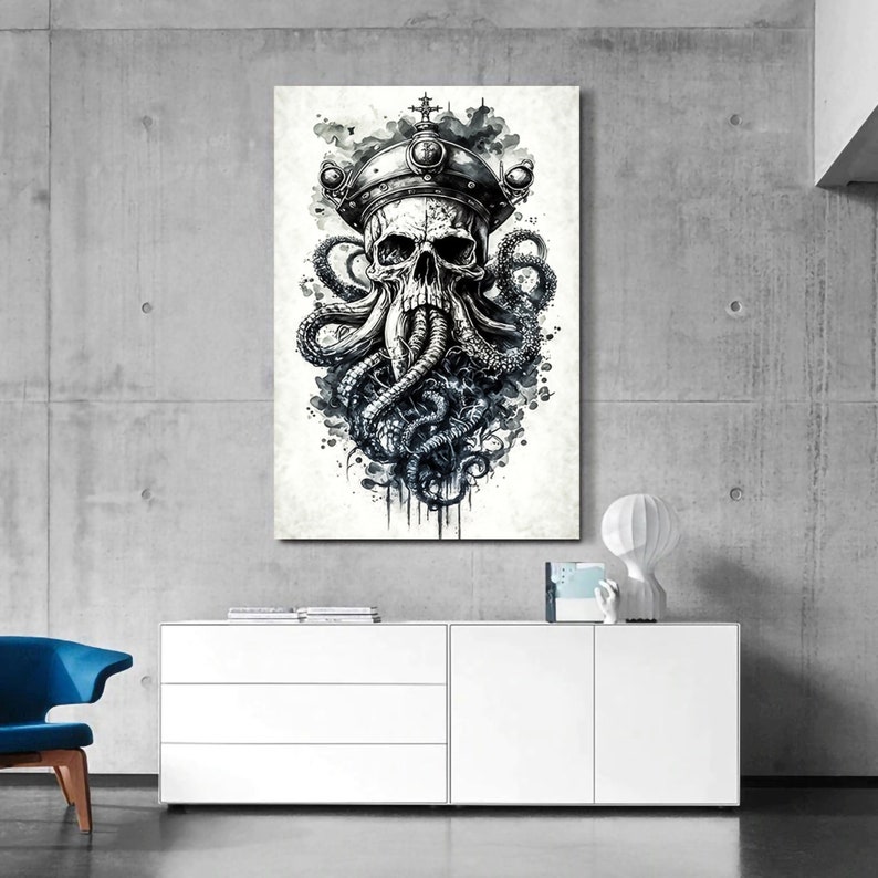 May include: Black and white illustration of a skull wearing a crown with tentacles surrounding it. The image has a watercolour effect.