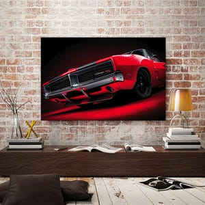 May include: A red Dodge Charger R/T muscle car is depicted in a dynamic, low-angle shot. The car's front grille and headlights are visible, with the text "Charger R/T" displayed. The artwork is set against a dark background with red lighting.