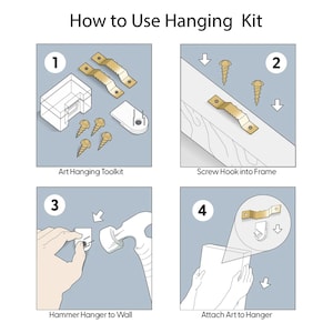 May include: A four-step illustrated guide on how to use a hanging kit for artwork. The kit includes a small plastic container with screws and hooks. The steps show how to screw the hook into the frame, hammer the hanger into the wall, and attach the art to the hanger.