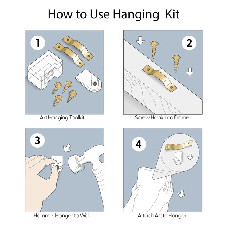 May include: A four-step illustrated guide on how to use a hanging kit for artwork. The kit includes a small plastic container with screws and hooks. The steps show how to screw the hook into the frame, hammer the hanger into the wall, and attach the art to the hanger.
