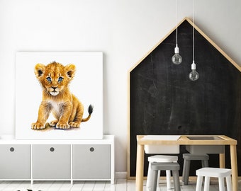 May include: A watercolor painting of a brown lion cub with blue eyes sitting on a white background. The cub is looking at the viewer with a curious expression.