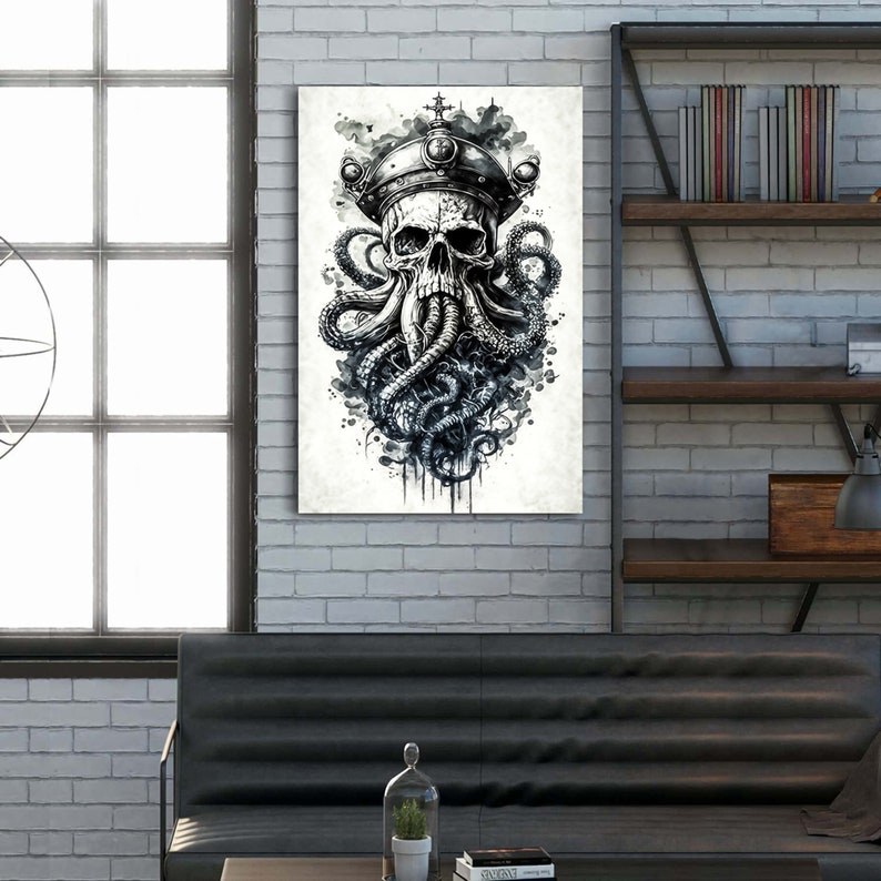 May include: Black and white illustration of a skull wearing a crown with tentacles coming out of the skull's mouth. The image has a watercolour effect.