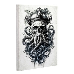 May include: Black and white illustration of a skull wearing a crown with tentacles coming out of the skull's mouth. The background is a watercolour wash of grey and black.