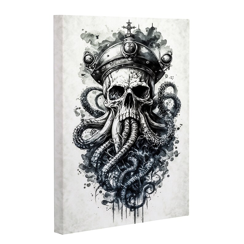 May include: Black and white illustration of a skull wearing a crown with tentacles coming out of the skull's mouth. The background is a watercolour wash of grey and black.