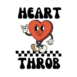 May include: A red heart with googly eyes and a smile walks on a checkered pattern with the text "HEART THROB" above it.