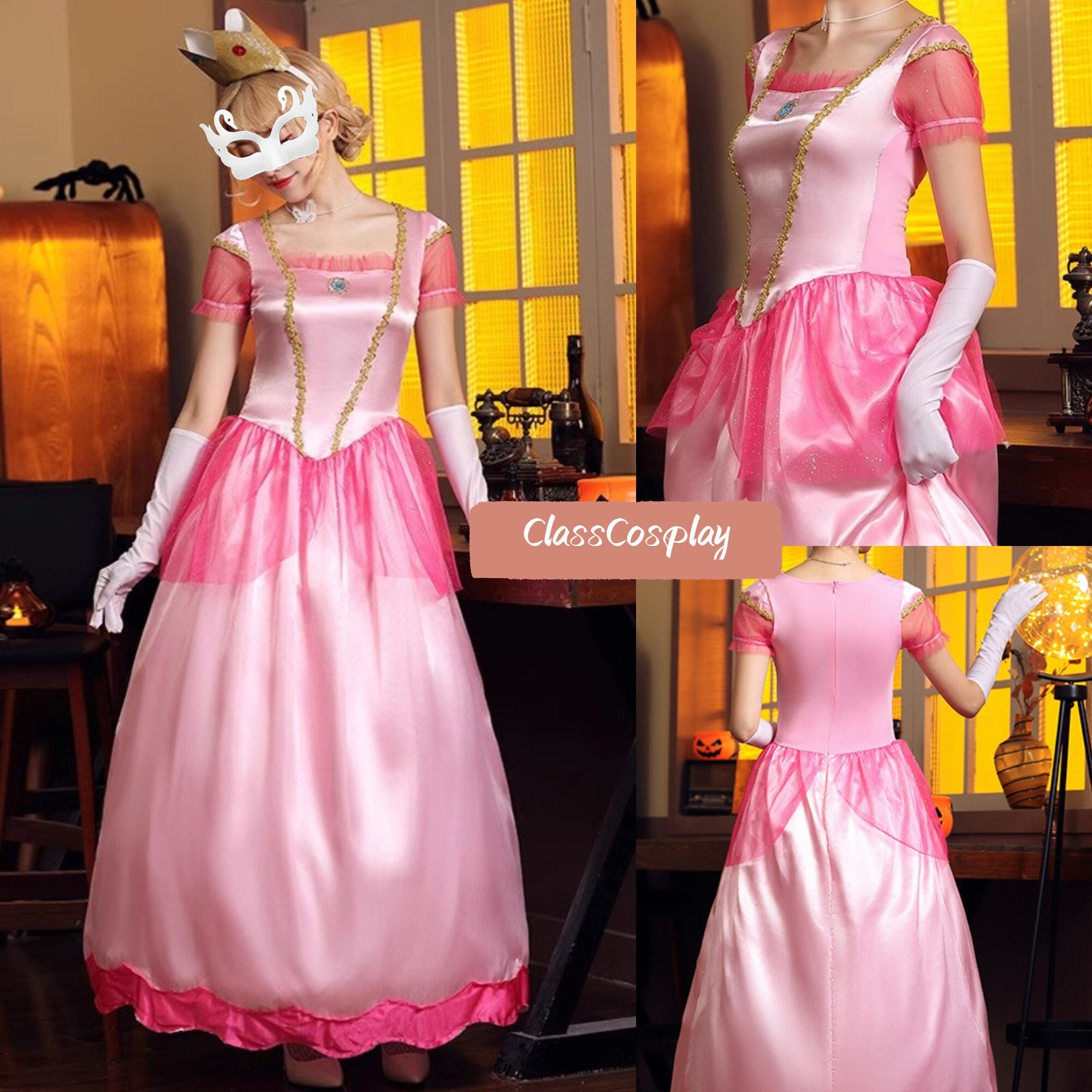 WISHTEN Princess Peach Costume for Adults,Princess Peach Dress for Women,  Halloween Costume Dress Up Outfit with Accessories