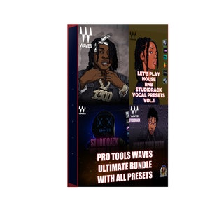 May include: A digital product bundle for music production featuring Waves StudioRack vocal presets. The image shows a colorful design with a black and white illustration of a person wearing a mask, a black and white illustration of a person wearing a gold chain, and a colorful illustration of a person with a red and blue background. The text on the image reads "Pro Tools Waves Ultimate Bundle with All Presets".