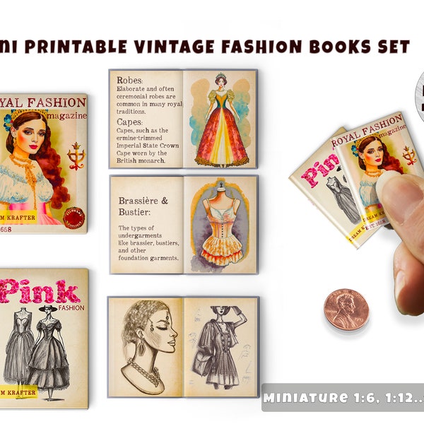 2 Mini Vintage Fashion books with pages 1:6/12 sizes, Instant Download printable | Miniature | Collectibles | Dollhouse