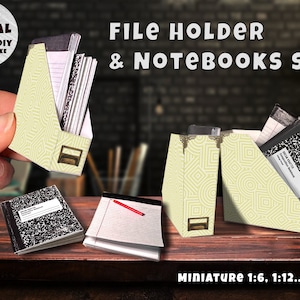 Miniature Notebook set with File Holder Template (1:6 & 12), Instant Download printable | Miniature | Collectibles | Dollhouse