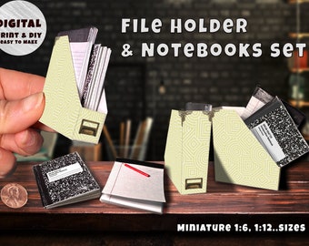 Miniature Notebook set with File Holder Template (1:6 & 12), Instant Download printable | Miniature | Collectibles | Dollhouse