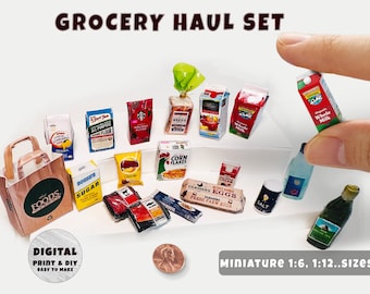 Mini-GROCERY HAUL set sjabloon (1:6, 12), Instant Download afdrukbaar | Miniatuur | Verzamelobjecten | Poppenhuis | Diorama