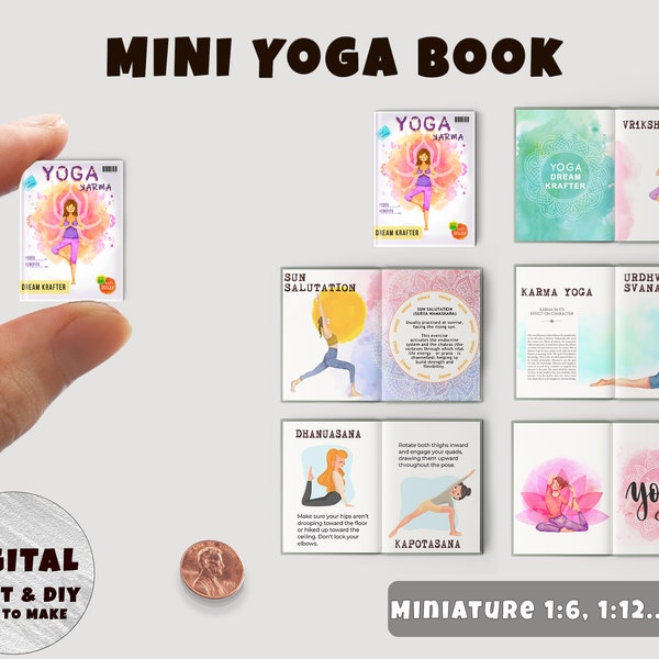 Miniatuur yogaboek met pagina's (1:6, 12..), Instant Download printbaar | Miniatuur | Verzamelobjecten | Poppenhuis | Diorama