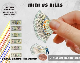 Mini Money US Dollars Bills Play Money Template (1:6/ 12..), Instant Download printable | Miniature | Collectibles | Dollhouse