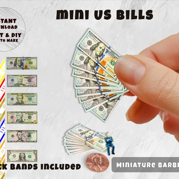 Modèle Mini Money US Dollars Bills en argent fictif (1:6/12..), Téléchargement immédiat en version imprimable | Miniatures | Objets de collection | Maison de poupée