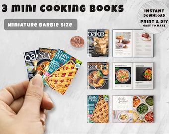 May include: Three miniature printable cookbooks in Barbie doll size. The covers feature images of a pie, soup, and a baked good. The text on the covers reads "Taste of Home", "Cooking Light Soups", and "Bake".