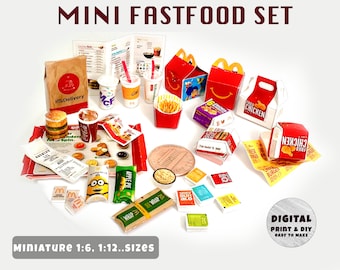 Modello mini FASTFOOD Mega Combo set (1:6, 12), download istantaneo stampabile / miniatura / oggetti da collezione / casa delle bambole / Diorama