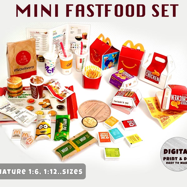 Mini FASTFOOD Mega Combo set Template (1:6, 12), téléchargement instantané imprimable | Miniatures | Objets de collection | Maison de poupée | Diorama