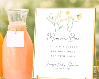 Printed Momosa Bar Sign, Baby Shower Mimosa Yellow Floral Sign, Personalized Textured Cardstock