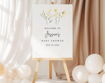 Printed Baby Shower Welcome Sign, Yellow Floral Bridal Minimal, Foam Board