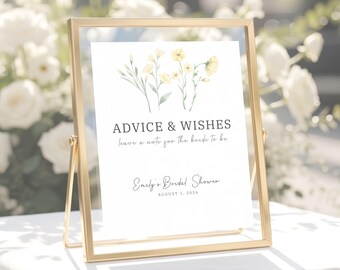 Printed Advice & Wishes Sign with Cards, Bridal Shower Guest Book Alternative, Bridal Keepsake, Yellow Floral, Textured Cardstock