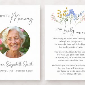 May include: A memorial card set featuring a white background with black text. The left card displays IN LOVING MEMORY, a circular photo of a smiling person, the name Susan Elizabeth Smith, and dates. The right card shows watercolor flowers and text.