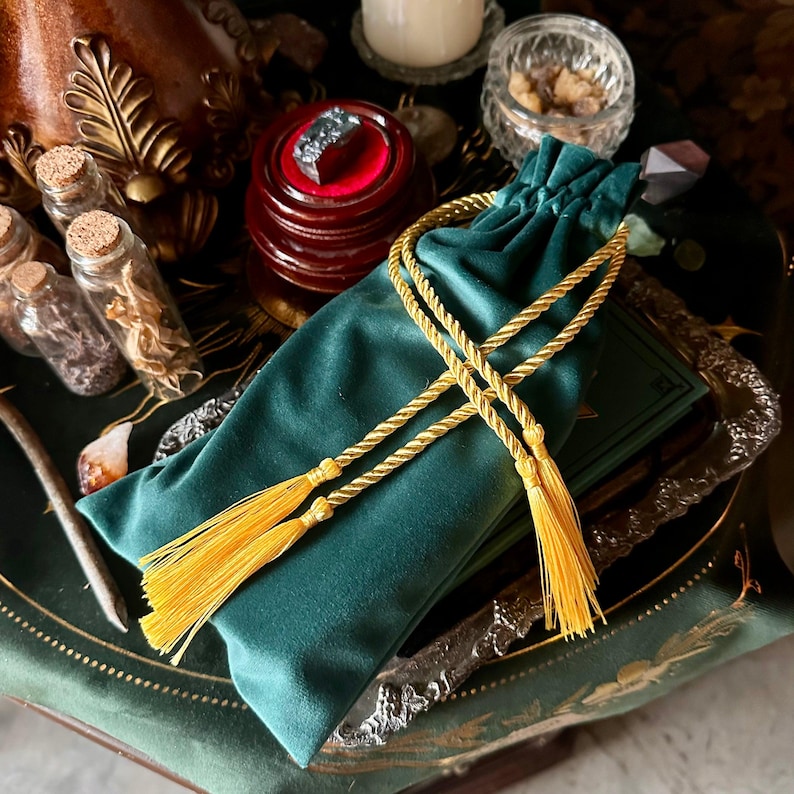 Velvet Tarot Bags: Emerald Green or Obsidian Black, Gold Tassels image 1
