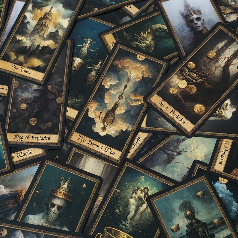 May include: A close-up of a spread of tarot cards with dark backgrounds and gold accents. The cards feature illustrations of various figures and symbols, including a hanged man, a tower, and a king of pentacles. The cards are arranged in a random order, creating a visually appealing and mysterious composition.