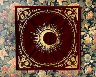 Tovaglia per altare Eclipsa: tappetino per tarocchi in velluto con fasi lunari vittoriane