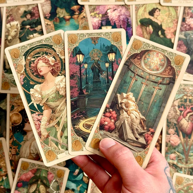 Op de afbeelding: Drie tarotkaarten met ingewikkelde art-nouveau-randen. De linkerkaart toont een geblinddoekte figuur in een groene jurk die een zwaard vasthoudt. De middelste kaart toont een standbeeld in een park met lantaarnpalen. De rechterkaart toont een figuur die rust op een stenen plaat onder drie zwaarden.
