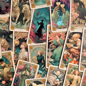 Op de afbeelding: Een verzameling tarotkaarten met ingewikkelde, kleurrijke illustraties in art-nouveaustijl. De kaarten tonen diverse sc&egrave;nes, waaronder figuren in historische kleding, paarden, een klokkentoren, bloemmotieven en hemelse elementen.