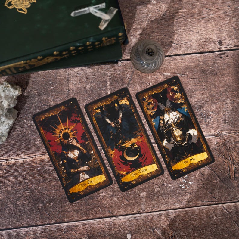 A three-card spread from the Wonderland Shadows Tarot Deck, laid out with intricate designs and symbols, offering insight and guidance through the whimsical lens of Alice in Wonderland.