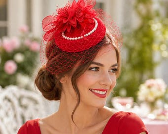 Tocado con velo para mujer, tocado tipo pastillero para la fiesta del té del Derby de Kentucky, sombrero para invitada a boda o iglesia, tocado floral con perlas.