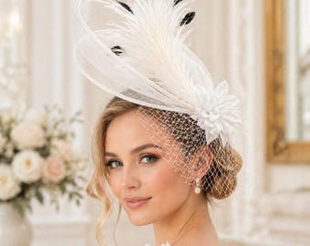 Feather Fascinator Hat for Women, Black White Derby Headpiece, Wedding Hair Clip Hat, Tea Party Church Headband Fascinator