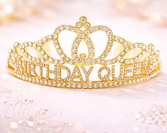 Birthday Queen Tiara with Double Heart Design Gold Silver Rhinestone Crown for Women Sparkly Crystal Birthday Headpiece Party Hair Accessory