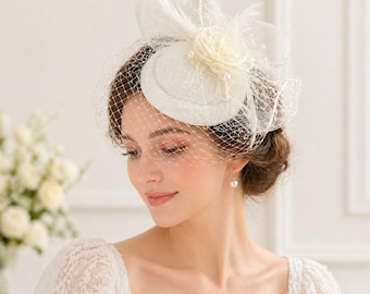 Kentucky Derby Fascinator with Veil, Feather Floral Jaw Clip Headpiece, Gatsby Wedding Hair Accessory