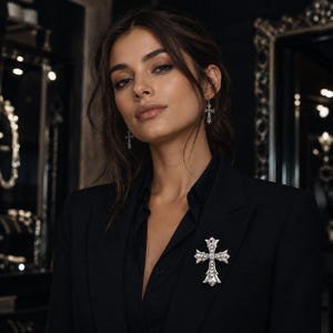 May include: A woman wearing a black blazer and black shirt, adorned with a silver cross brooch and matching earrings. The jewelry features intricate detailing and sparkling accents. The background is dark, highlighting the jewelry.